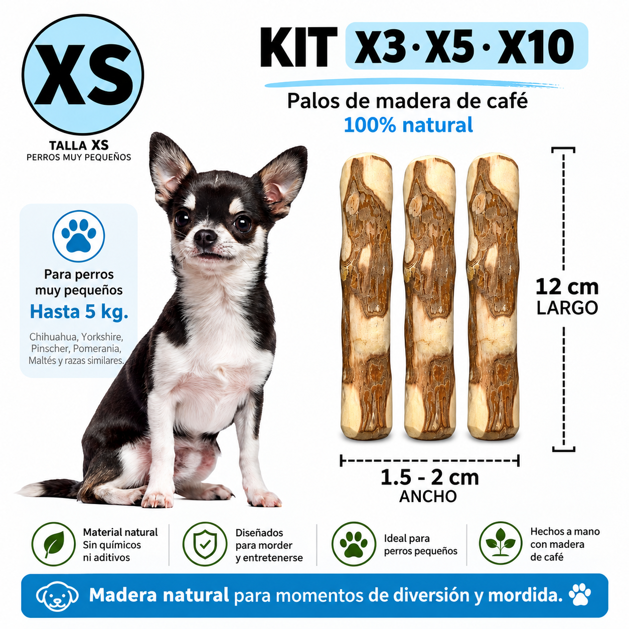 Palos de Café Naturales para Perros XS – Madera de Café