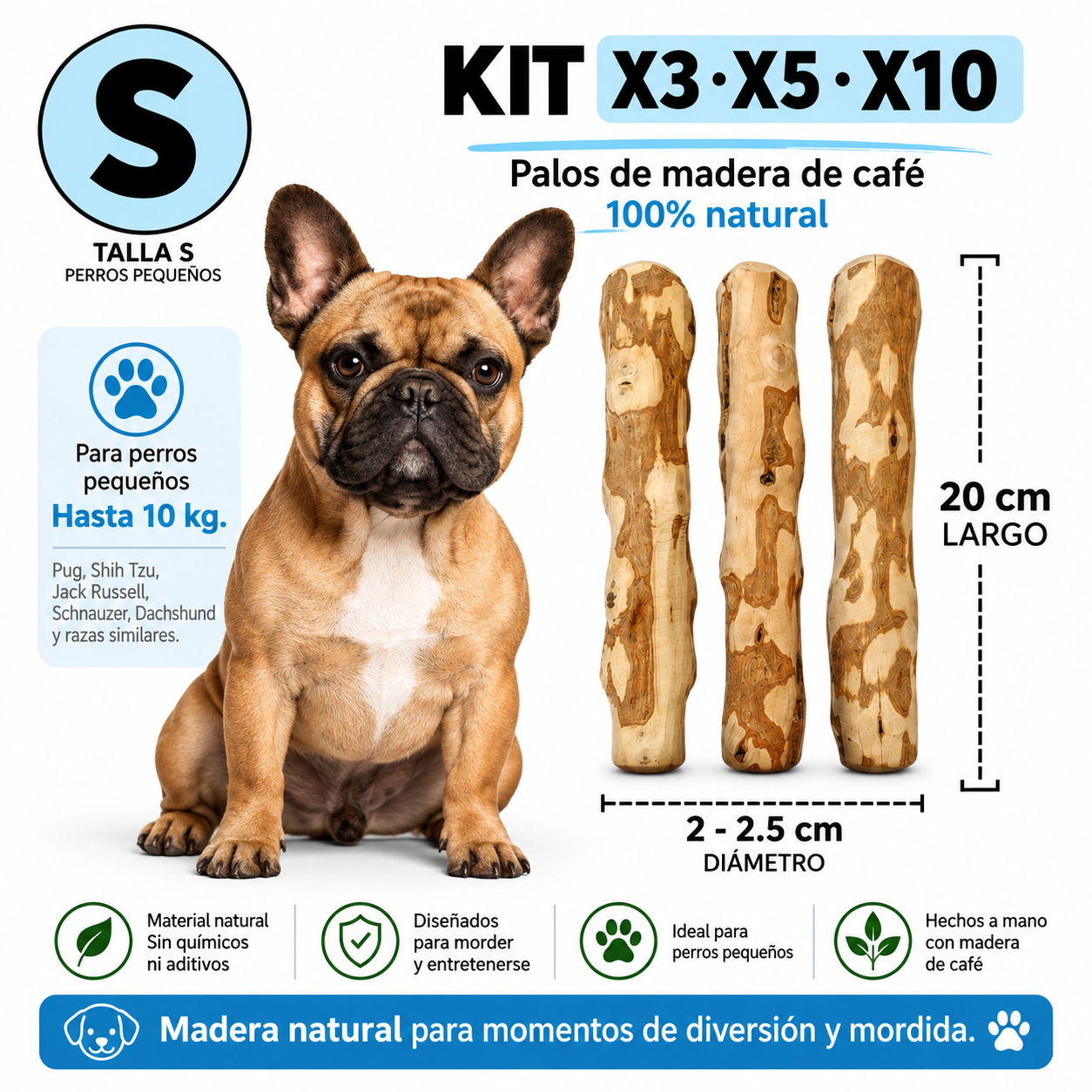 Palos de Café Naturales para Perros S – Madera de Café