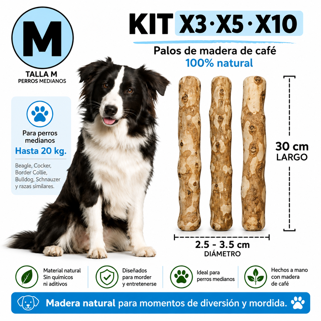 Palos de Café Naturales para Perros M – Madera de Café