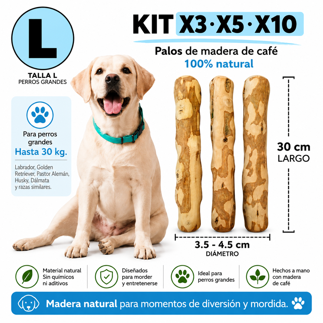 Palos de Café Naturales para Perros L – Madera de Café